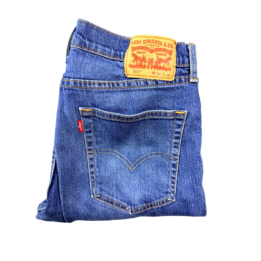 Levis 505 Regular Fit Jeans Mens 34x30 Blue Straight Leg Denim Pants Distressed
